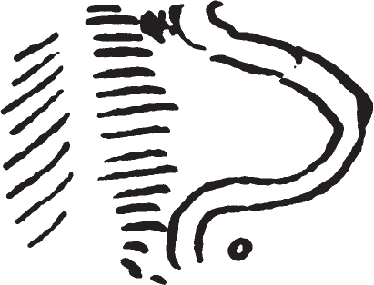 Figure 9.13. Map. The location of an old Mandan village is indicated by a black mark near the top of the drawing; the lower circle appears to fix the spot where the boat was repaired.